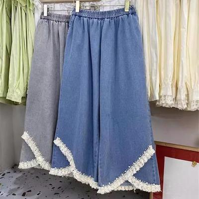 Women Spring Autumn Plus Size Tassel Lace Nail Bead Jeans Casual Loose Cropped Pants Wide Leg Trousers