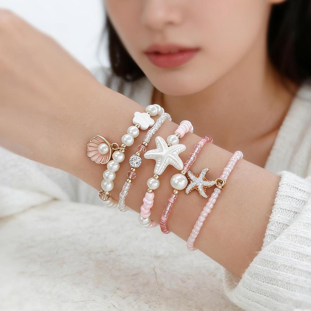 Elegant Ocean-Inspired Starfish Pearl & Rhinestone Beaded Bracelet Set