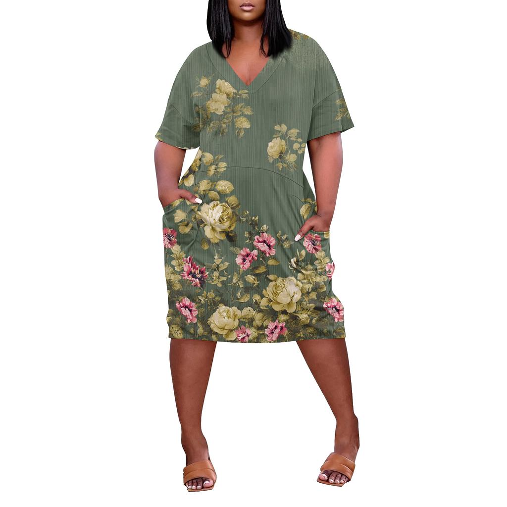 Summer Plus Size V Neck Short Sleeve Knee Pocket Print Casual Dress For Women