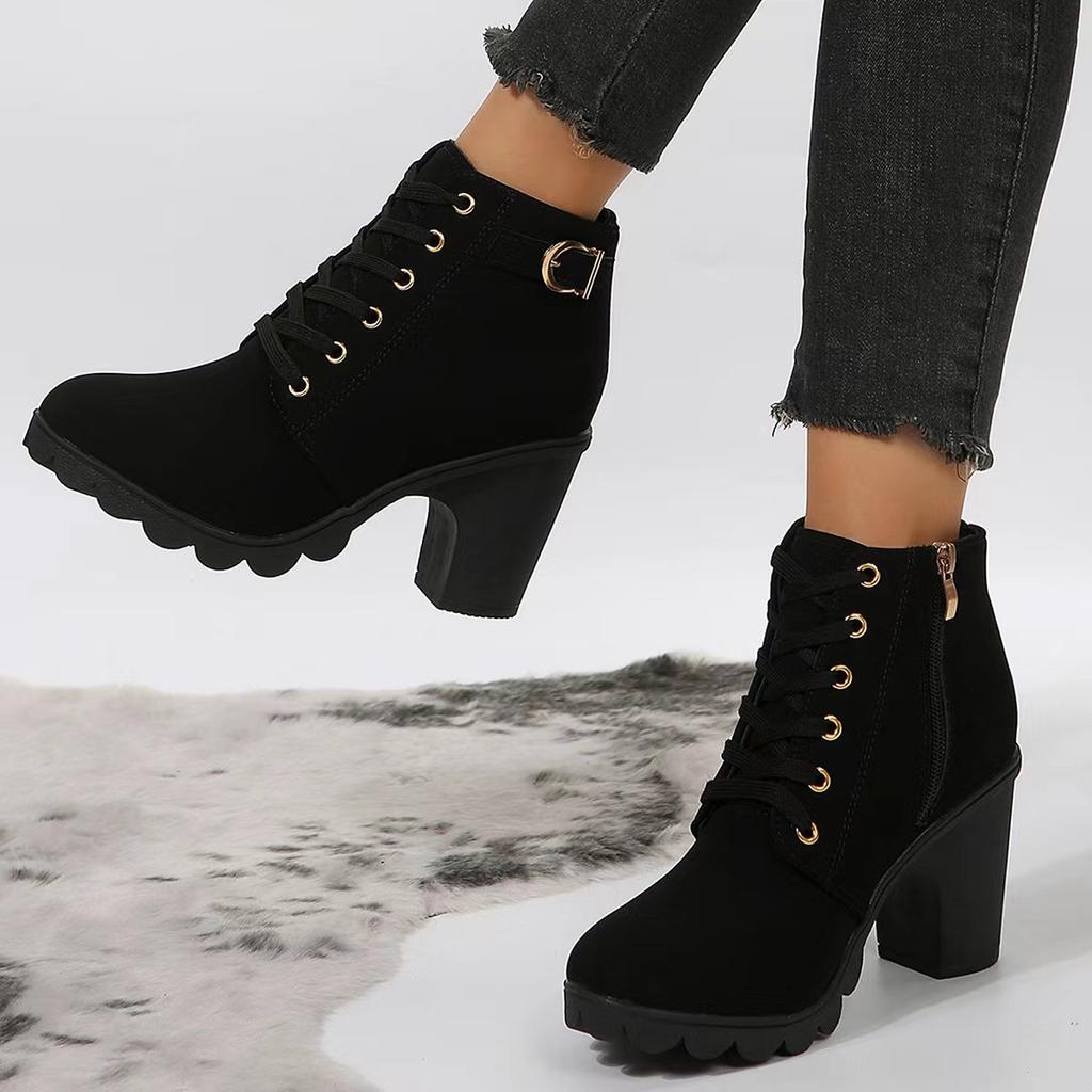 Spring new thick heel short boots Martin boots women's lace-up round head women's boots matte thick high heel short boots