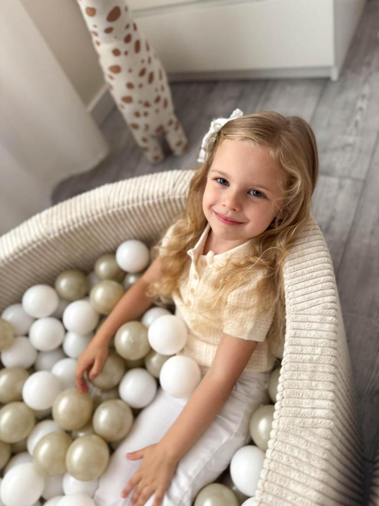 Parco giochi in schiuma con piscina 90x30 Velluto a coste Beige 200 palline: trasparente, bianco, perla, oro chiaro, opalescente