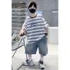Boys' Summer Short-sleeved Fashionable Striped Letter Design for Daily Wear and Casual Outings