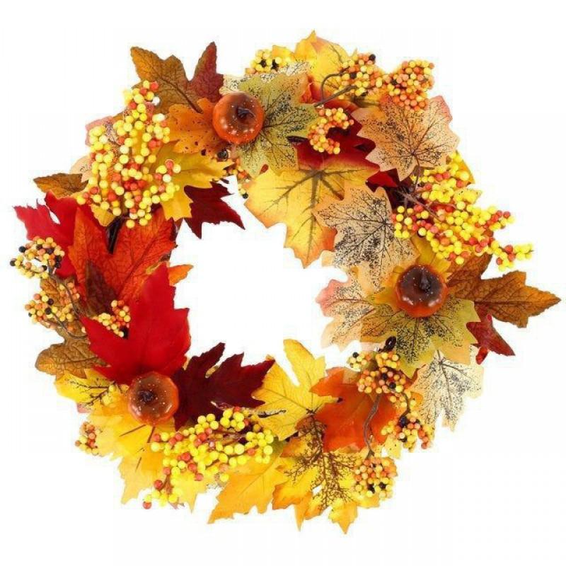 Harvest Wreath With Pumpkins Berries Vine Circle Halloween Thanksgiving Door Decor