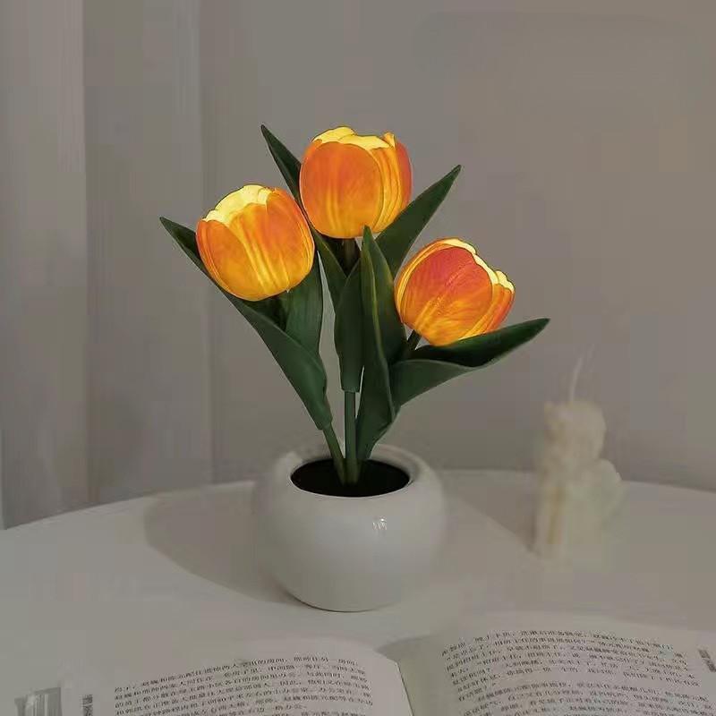 1pc Tulips Flower Night Light For Room Decor LED Charging Flower Potted Night Light Cute Small Tulips Bedside Lamp