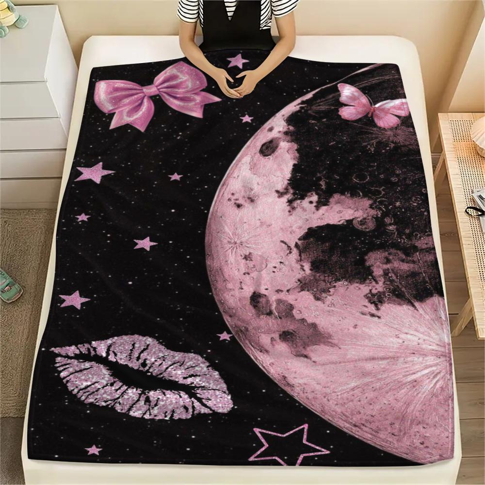 1Pc Pink Bow Butterfly Print Flannel Blanket, High Quality Comfortable for All Seasons, Home Decor, Warmth and Comfort, Perfect for Gifts