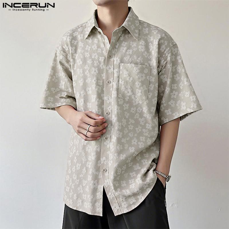 INCERUN S-XXXXXL Men Lapel Neck Short Sleeve Flowers Texture Buttons Casual Shirts