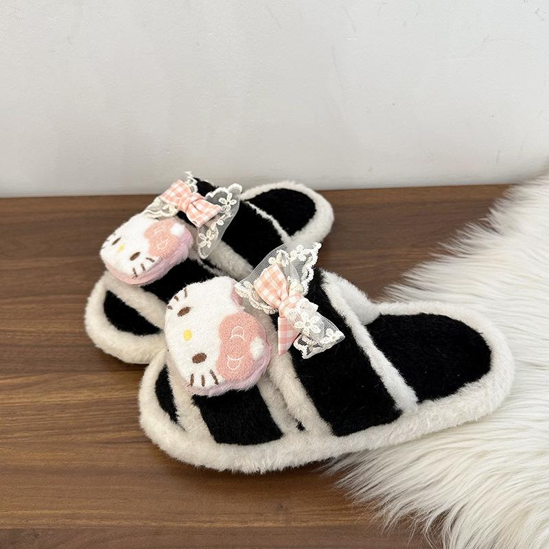 Vitality cute cartoon kitten fluffy slippers female 2025 autumn and winter fashion versatile casual one-word cotton slippers