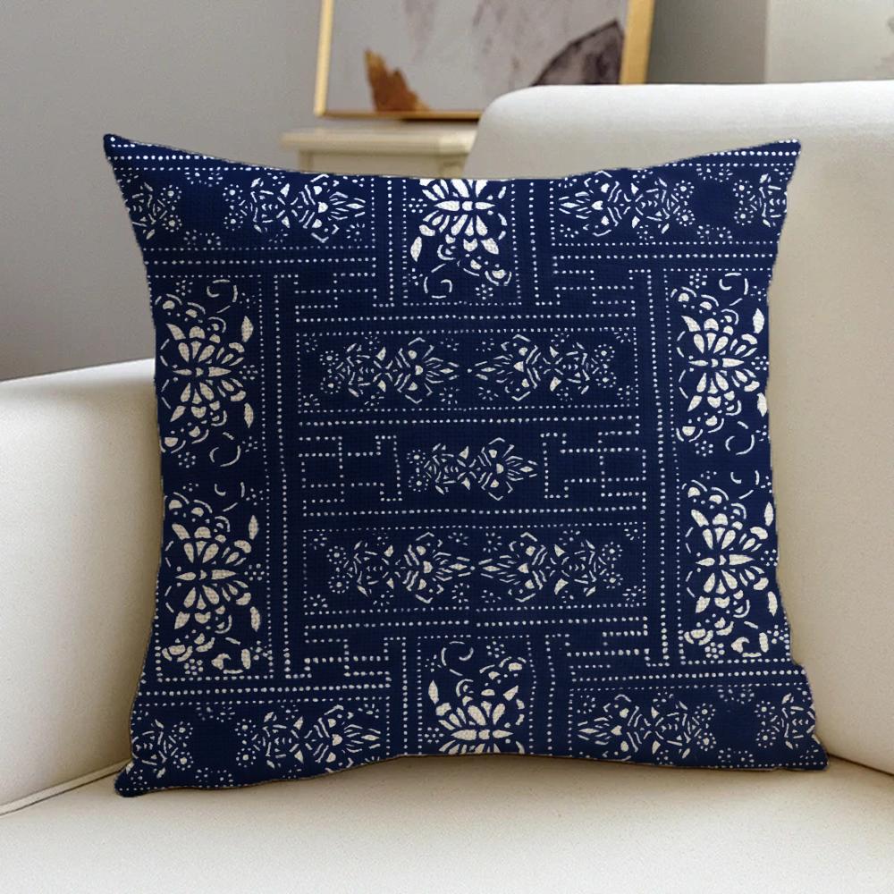 B-Blue Calico Cushion Cover Cushion Cover Pillowcase, Anti-Mite Invisible Zipper, Linen Sofa Cushion