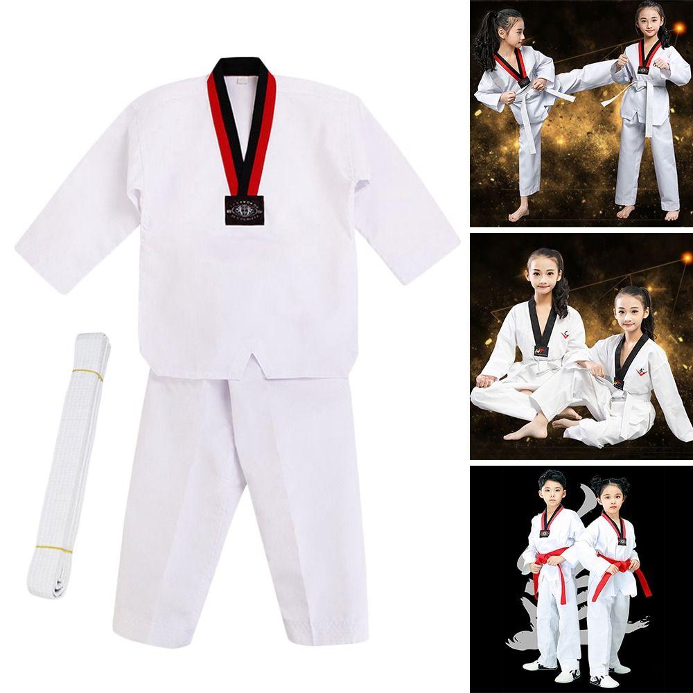 Moderne Weiße TKD Kostüme Baumwolle V-Ausschnitt WTF Karate Uniform Professionelle Atmungsaktive Taekwondo Uniformen Kinder