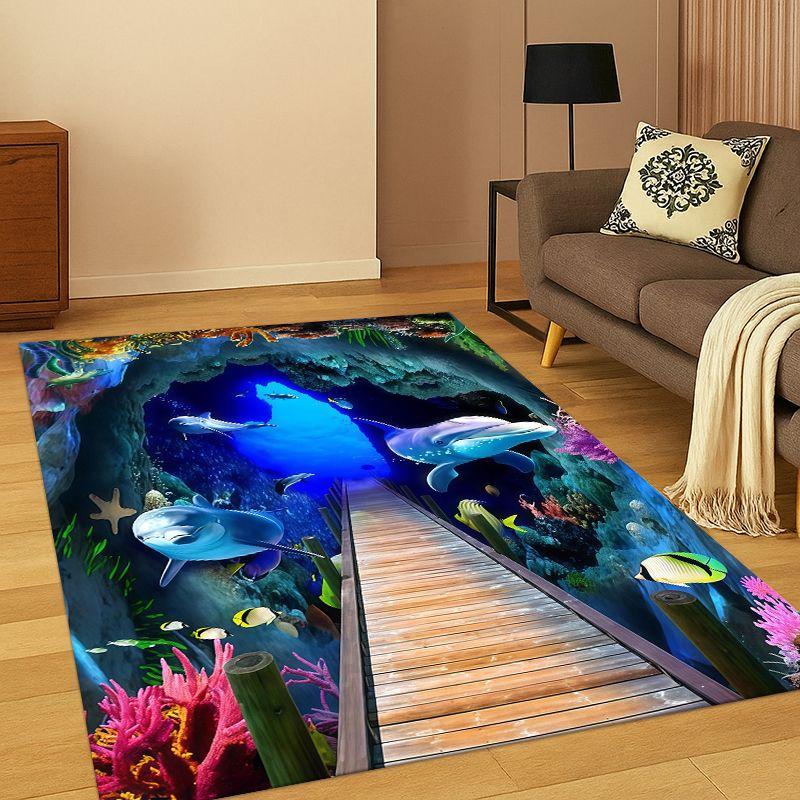 3D Illusion Underwater World Marine Life Shark Dolphin Cartoon Carpet Rug for Bedroom Living Room Sofa Doormat Kids Non-slip