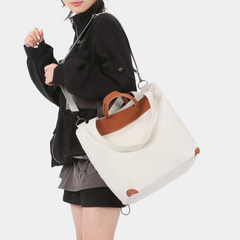 Canvas Tote Bag with Leather Trim and Adjustable Shoulder Strap Stylish Women's Handbag for Daily Use and Work