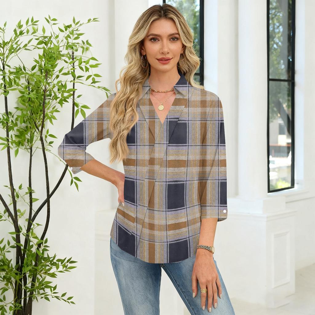 Dámske topy s 3/4 rukávom, košeľe s V-výstrihom, trendy potlačené, business casual, pracovné blúzky