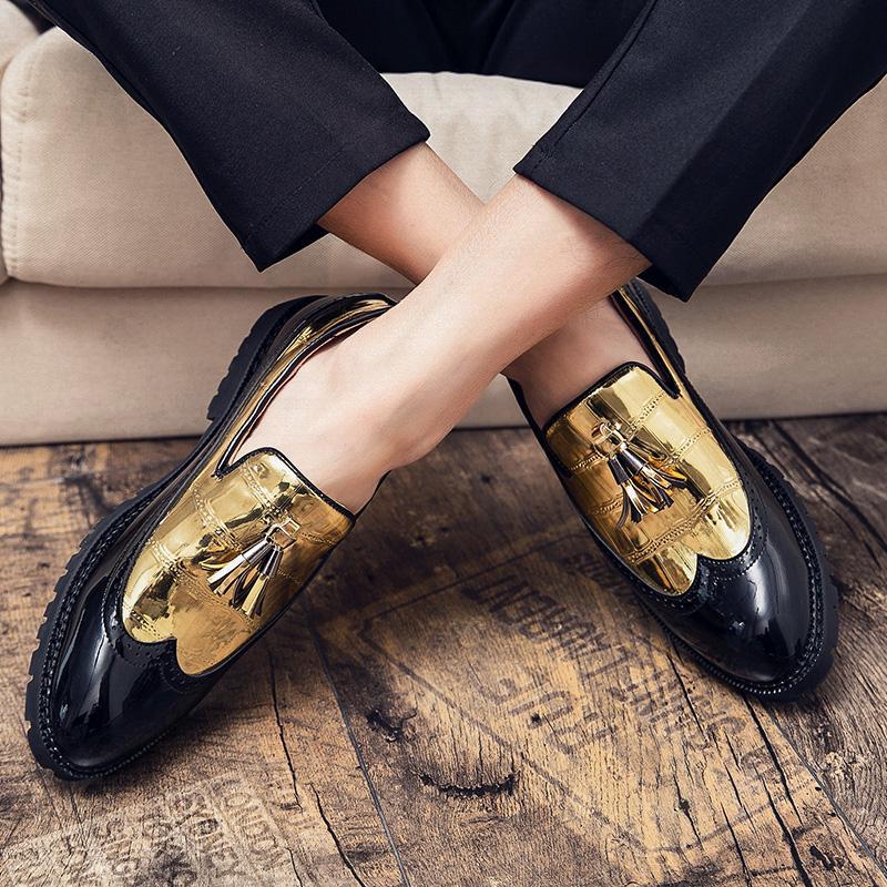 Men s Large Brogue Tassel Leather Slip-on Loafers - Color Block Patent Leather Casual Shoes 39