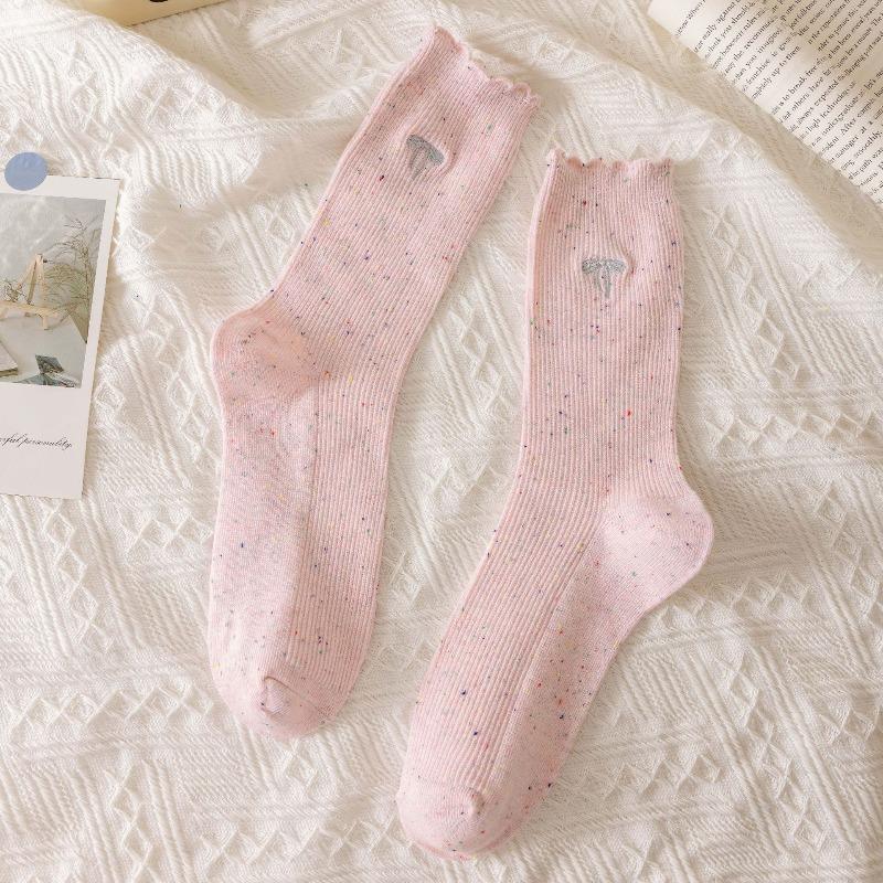 Pointed Yarn Pile Socks - Children's Autumn and Winter Embroidered Bow Tie Mid-calf Socks, Trendy and Versatile Lace Long Socks