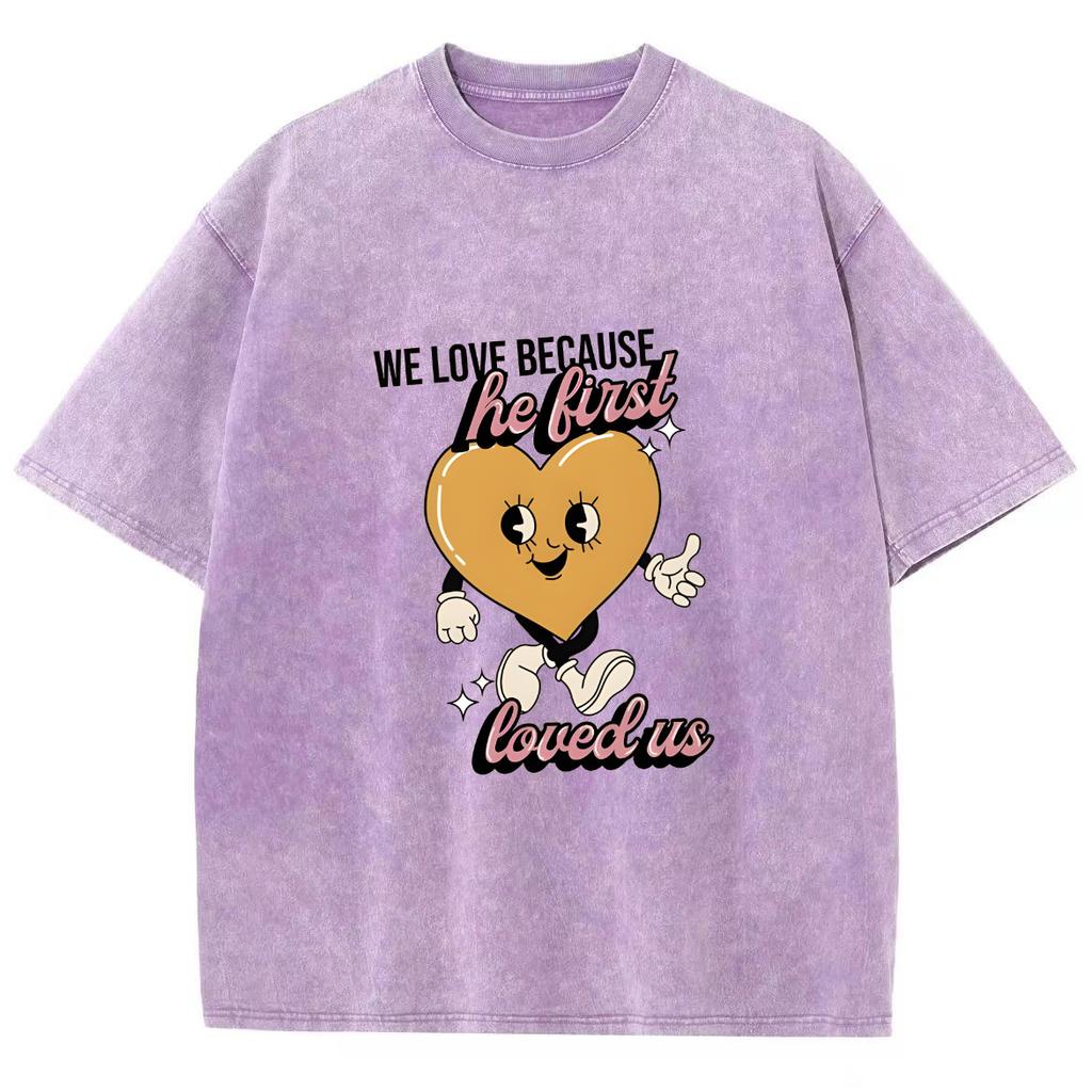 Yellow Cartoon Love Print Women's Washed T-Shirt Oversized Breathable Unisex Half Sleeve Cute Design Sense Top