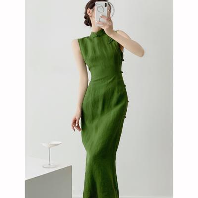 Abito Vintage Arte Letteraria Naturale Stile Cinese Qipao Quotidiano Migliorato Tempo Libero Sexy Senza Maniche Stringivita Spacco