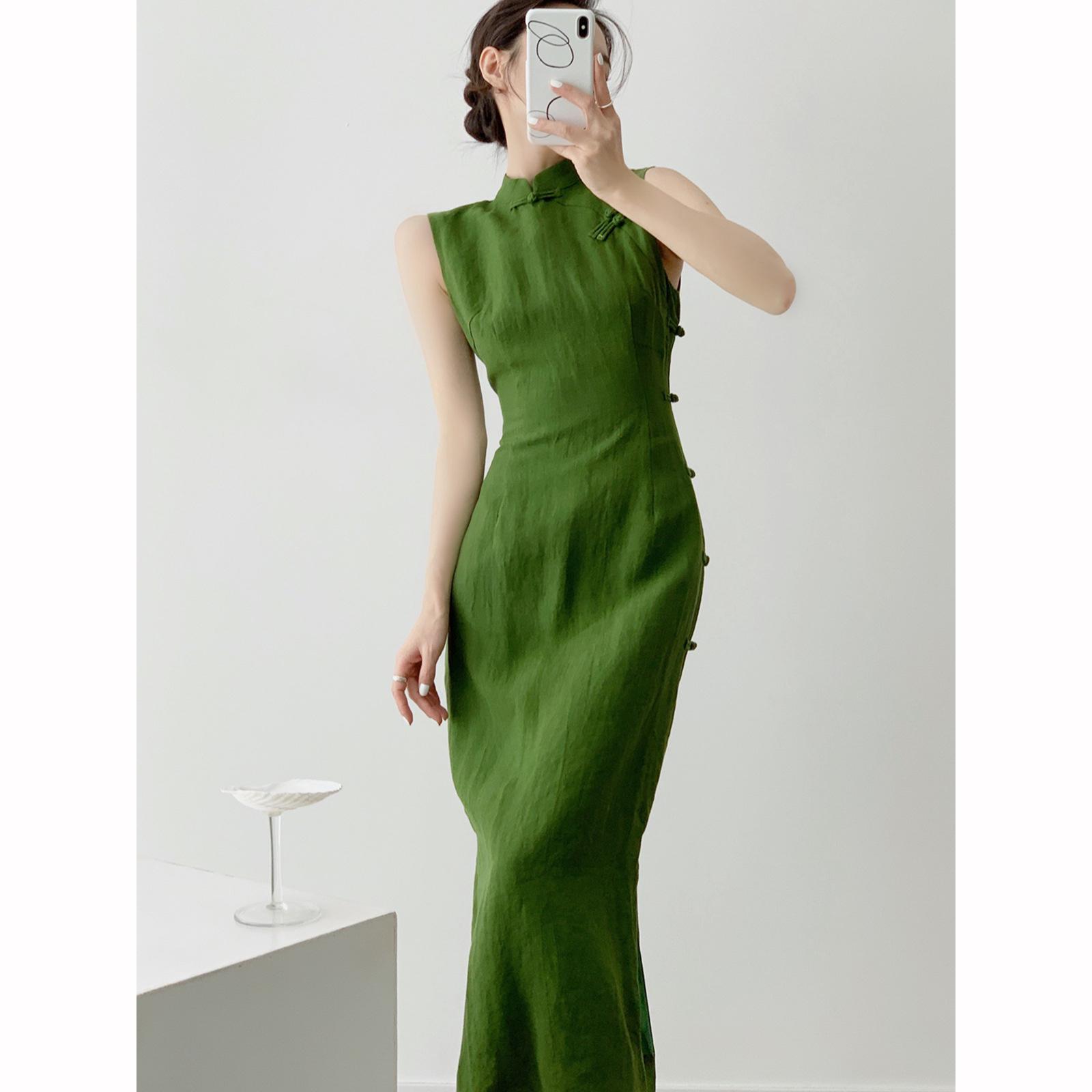 

Винтажное платье в стиле натуральной литературы, повседневное улучшенное платье-ципао для досуга, сексуальное без рукавов с разрезом на талии XS зелёный