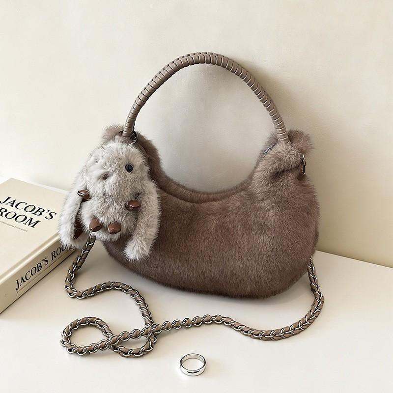 Cute Plush Shoulder Bag Women Soft Faux Fur Crossbody With Zip Card Pocket Urban Minimalist Style