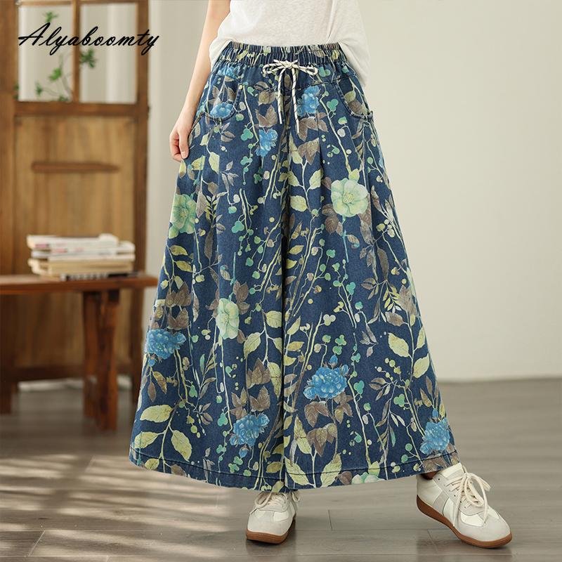 2026 Koreansk Mode Vår Sommar Dam Färgstarka Jeans Stor Storlek Elastisk Midja Blomstertryck Casual Denimbuxor Vintage Grundläggande Dam Vida Ben Jeans