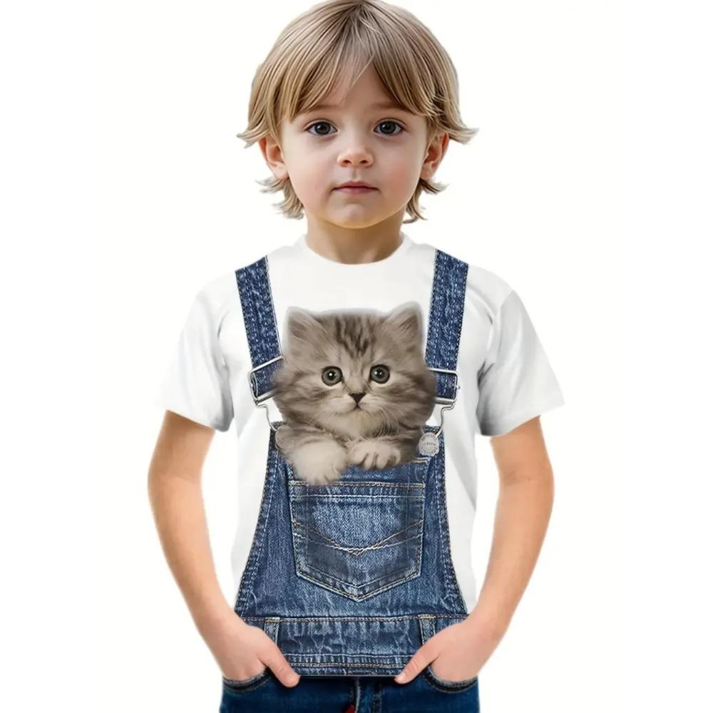 Hip Hop Cat Boys T-Shirt Cute 3D Print Summer Short Sleeve Round Neck Casual Kid Top Comfortable Soft Breathable T-shirt