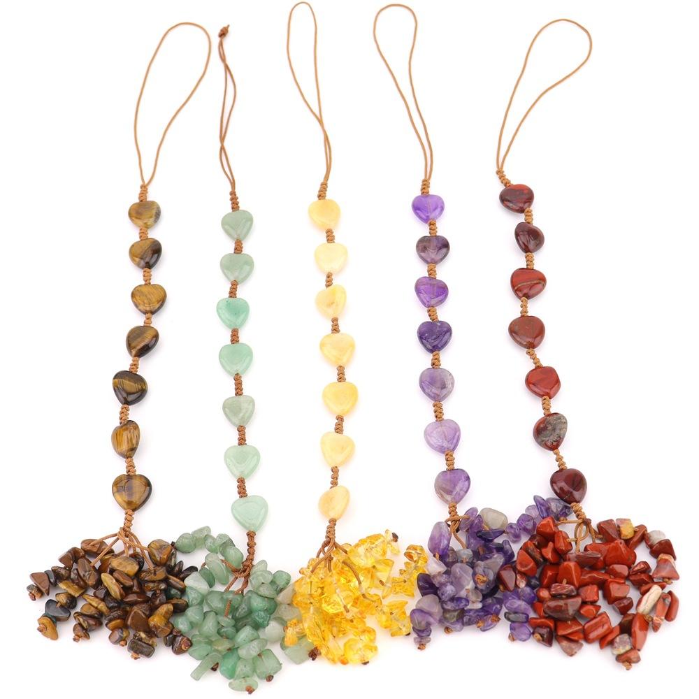 Hand-Woven Natural Stone Heart-Shaped Car Rearview Mirror Fringed Pendant Bag Pendant G81