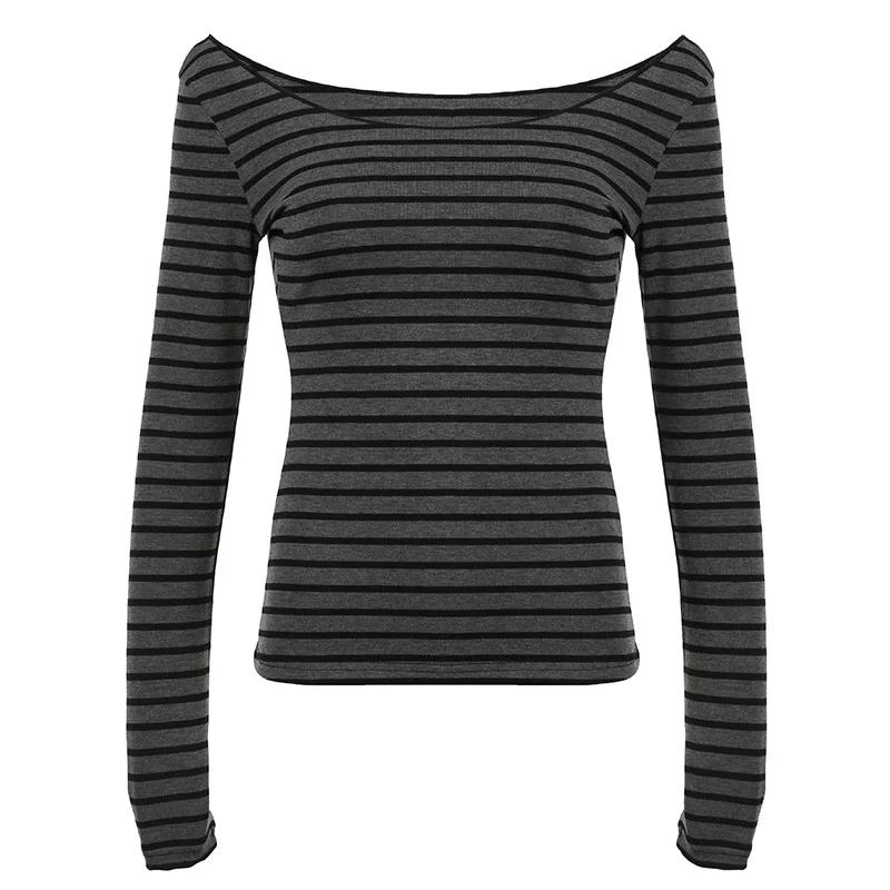 Spring Fall Women's New Japanese Basic Models Slim Long-Sleeved Striped T-Shirt Strapless Korean Street Style Y2k Thin Tops