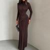 Women's Brown High Neck Long Sleeve Tiered Maxi Dress