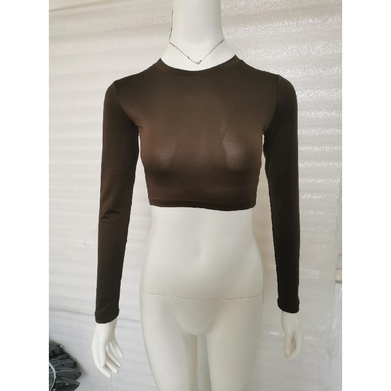 2026 Fashionable Solid Color Short Slim Fit Cropped Long Sleeve T-Shirt for Women with Round Neck