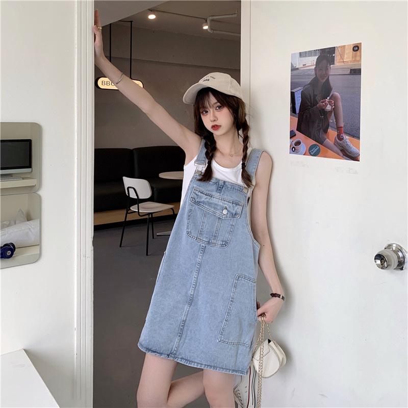 Oversize Women Denim Suspender Strap Dresses Summer Sleeveless Loose Casual Short Dress Female Versatile Sundress