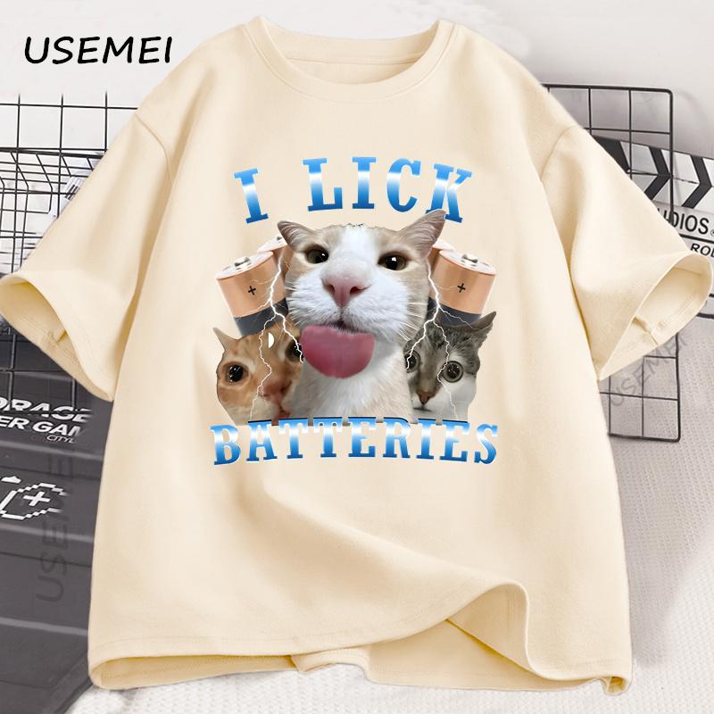 Ich lecke Batterien Lustige Katze Grafik T-Shirts Baumwolle Kurzarm O-Ausschnitt T-Shirt Lässig Mode Herren T-Shirt Kurzarm Sommer