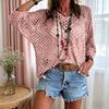 Women Tops V-Neck Three-quarter Sleeves Loose Fit Knitted Tops Pure Color Hollow Design Summer Casual Blouse