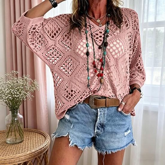 Women Tops V-Neck Three-quarter Sleeves Loose Fit Knitted Tops Pure Color Hollow Design Summer Casual Blouse