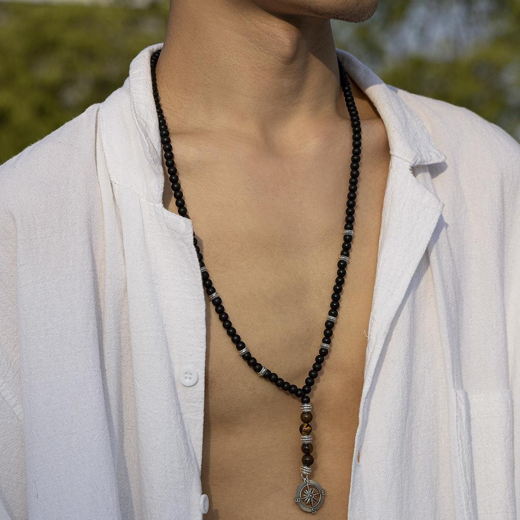 Long Beaded Tiger Stone Necklace for Men Hip Hop Niche High-end Compass Pendant Accessory