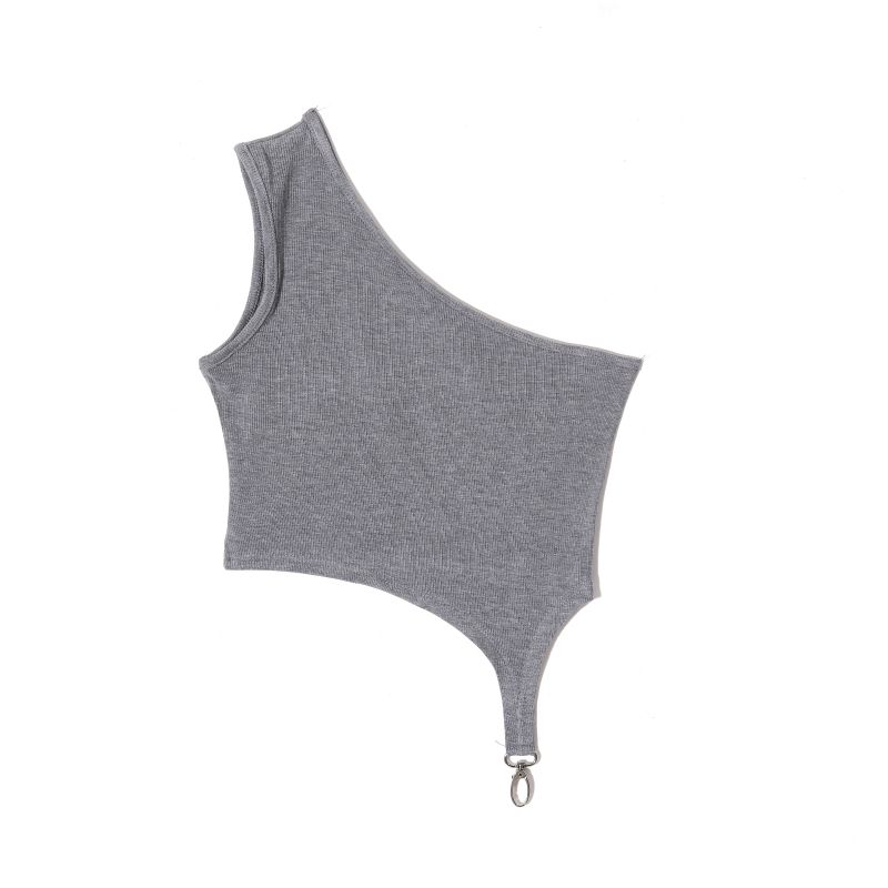 

2025 Summer Women s Clothing Fashion Style Pure Color Elegance Diagonal Collar Pullover Sleeveless Silm Stretch Plaid Short Vest Grey S