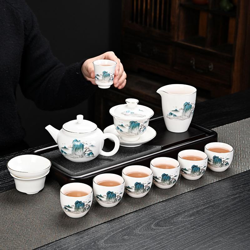 High-end light luxury suet jade kung fu tea set, a complete set of white porcelain ceramics Dehua gold-painted high-end high-value