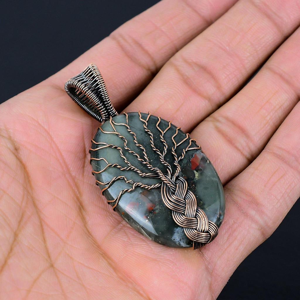 Tree Of Life Bloodstone Gemstone Pure Copper Wire Wrap Handmade Jewelry Pendant