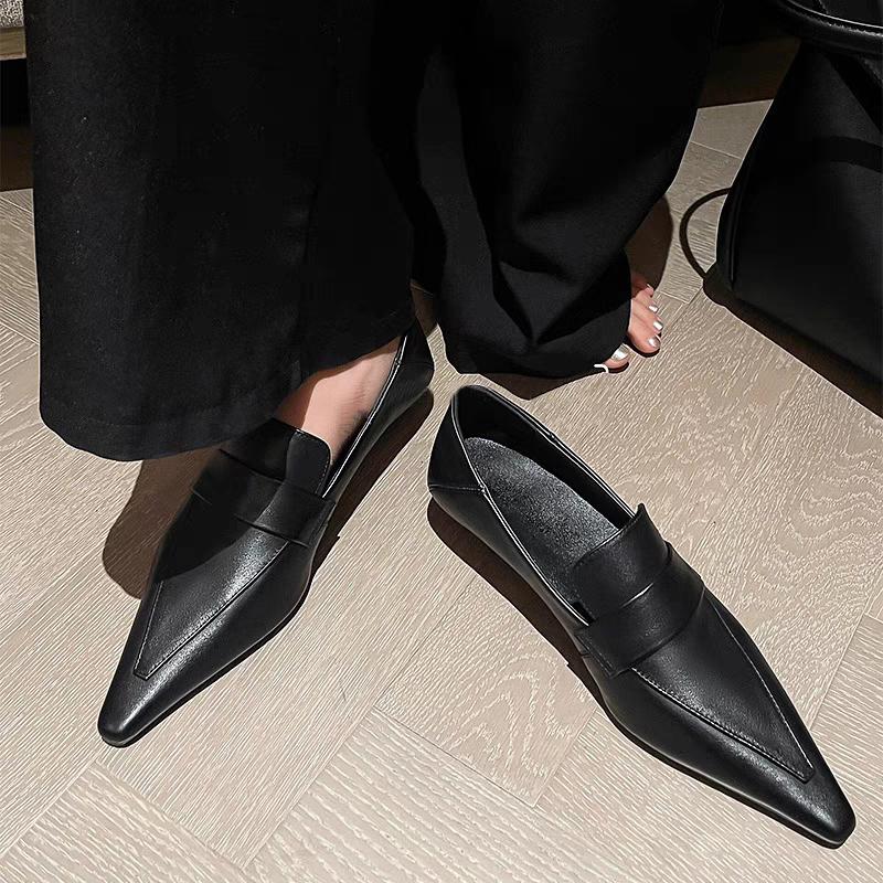 Francouzské Retro Kožené Špičaté Nízké Podpatky Dámské Dojížděcí Boty Jaro a Podzim Elegantní Protiskluzové Neformální Joker Nízké Boty.
