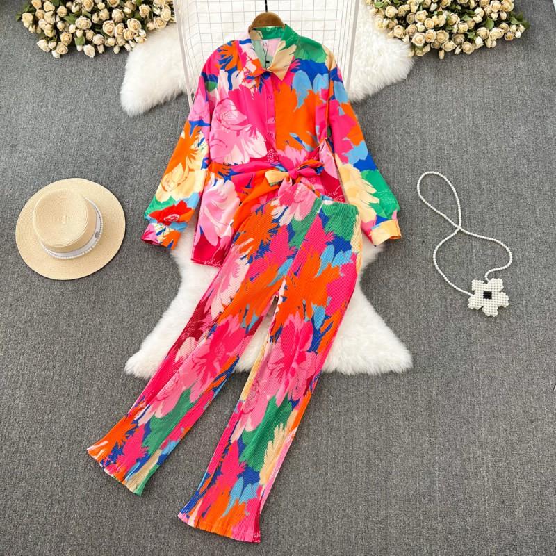 Womens Chiffon Long Sleeve Button-Up Top High-Waist Wide Leg Pants Set Tie-Dye Print Sweet Casual Outfit