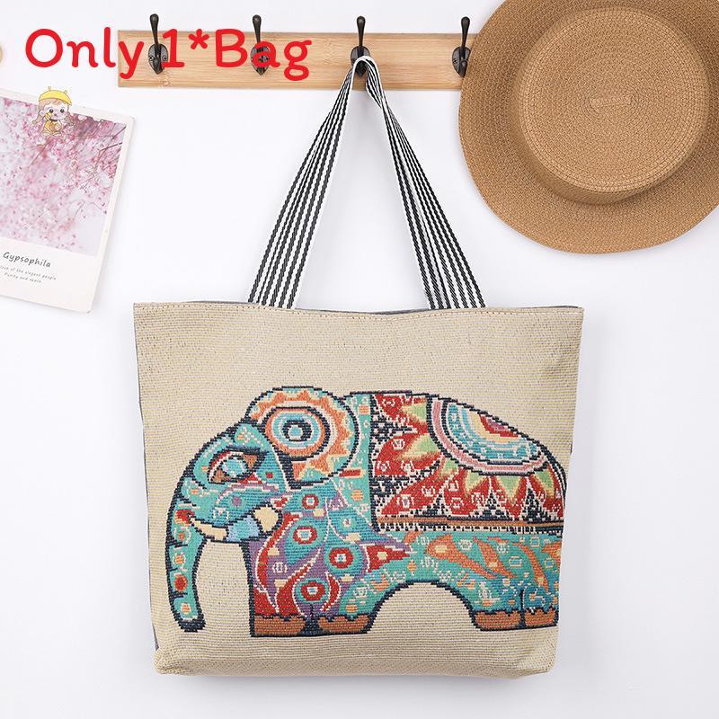 Elephant Hello Kitty Butterfly Embroidered Canvas Tote Bag With Seamed Stitching For Daily Use