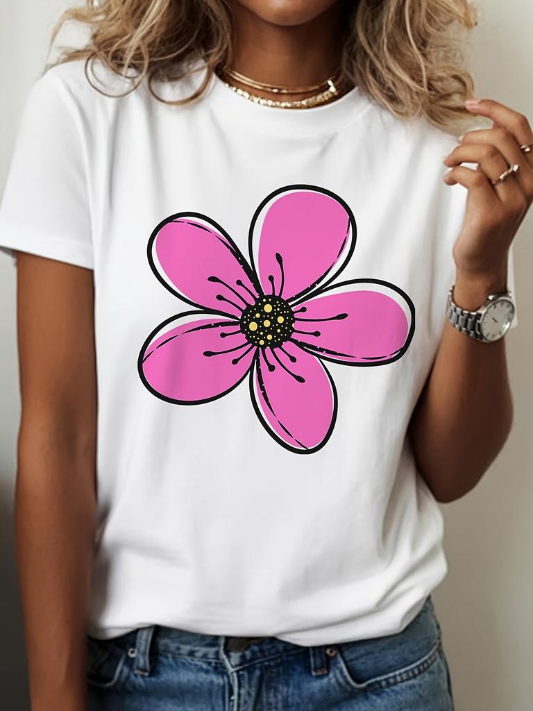 Cartoon Pink Flower Pattern Printed Summer Womens Tshirt Short Sleeved Round Neck Top Casual Summer Womens Clothing