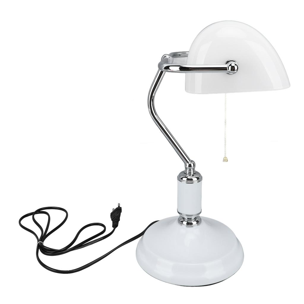 Bankers Table Lamp White Glass Vintage Style Desk Lamp with Retro Pull Chain Switch Reading Table