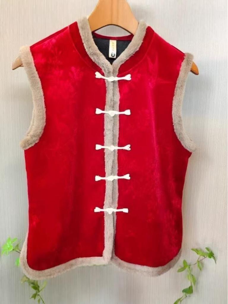 2025 Retro Chinese Red Tang Style Plus Velvet Sleeveless Vest