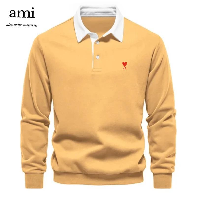 

Вишита чоловіча футболка поло з довгим рукавом з чистої бавовни AMI 2025 для осені та зими L