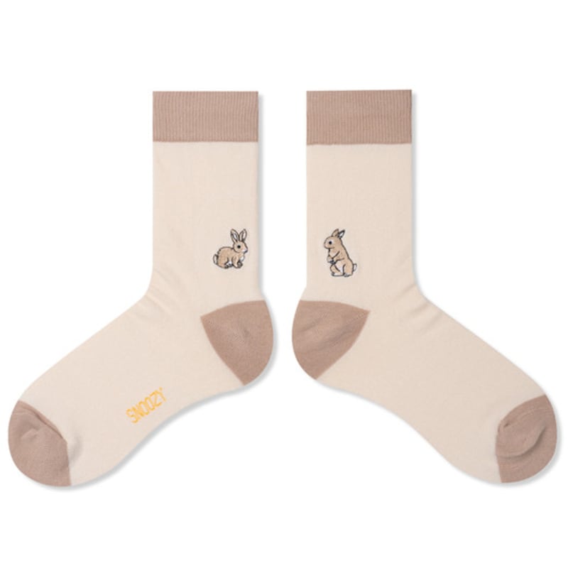 SNOOZY Rabbit Embroidered Socks (Beige Sand)