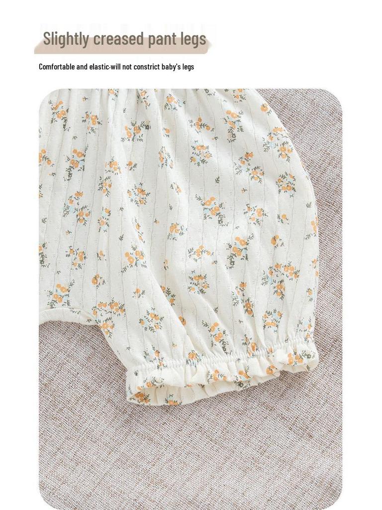 Summer Baby Girls' Floral Cotton Two-Piece Set: Breathable, Ultra-Thin Short Sleeve with Expanded Diaper Area for Infants