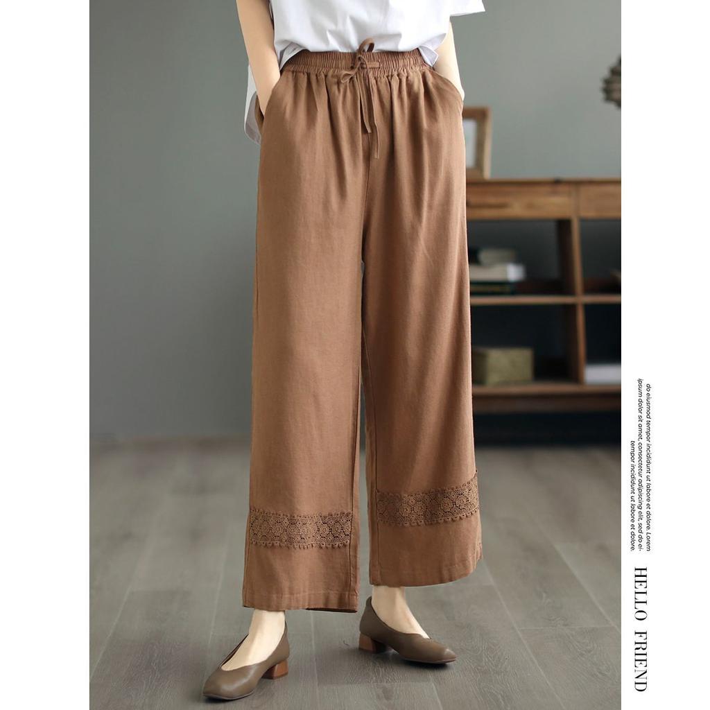 2025 Eleganckie Krótkie Bawełniane Spodnie Proste Damskie Retro Duży Rozmiar Luźne Spodnie z Panelami z Koronki Wiosna Lato Casual Szerokie Nogawki