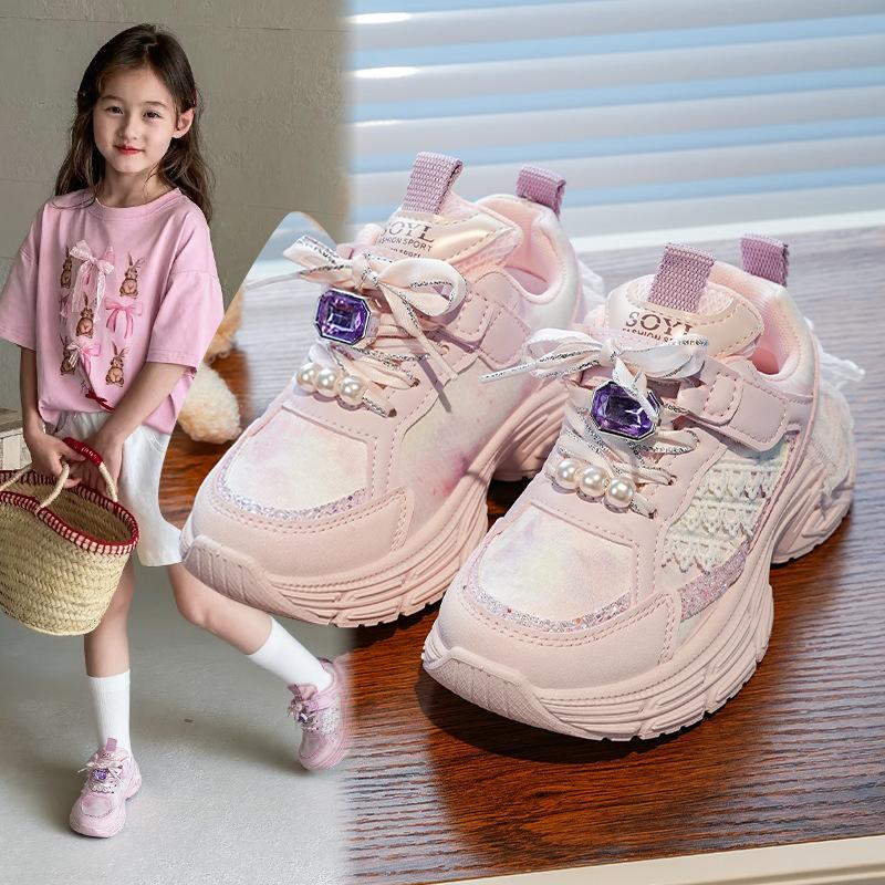 Girls' dad shoes 2025 autumn new fashionable foreign style little girl lace pearl children's sports shoes running shoes