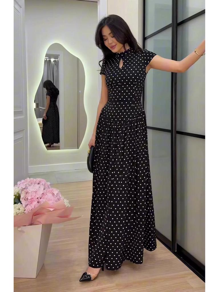 2026 Polka Dot Short Sleeve High Neck Slim Fit Elegant Long Dress for Women