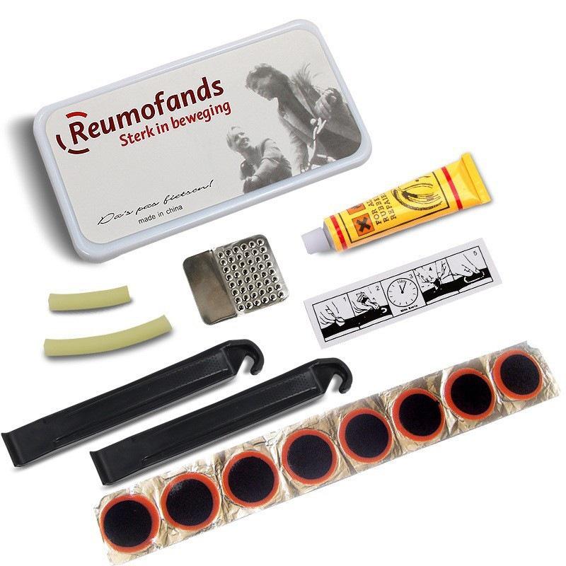 Bicycle Repair Tool Kit with Tire Patches, Pry Bar, Glue, and File In Plastic Box