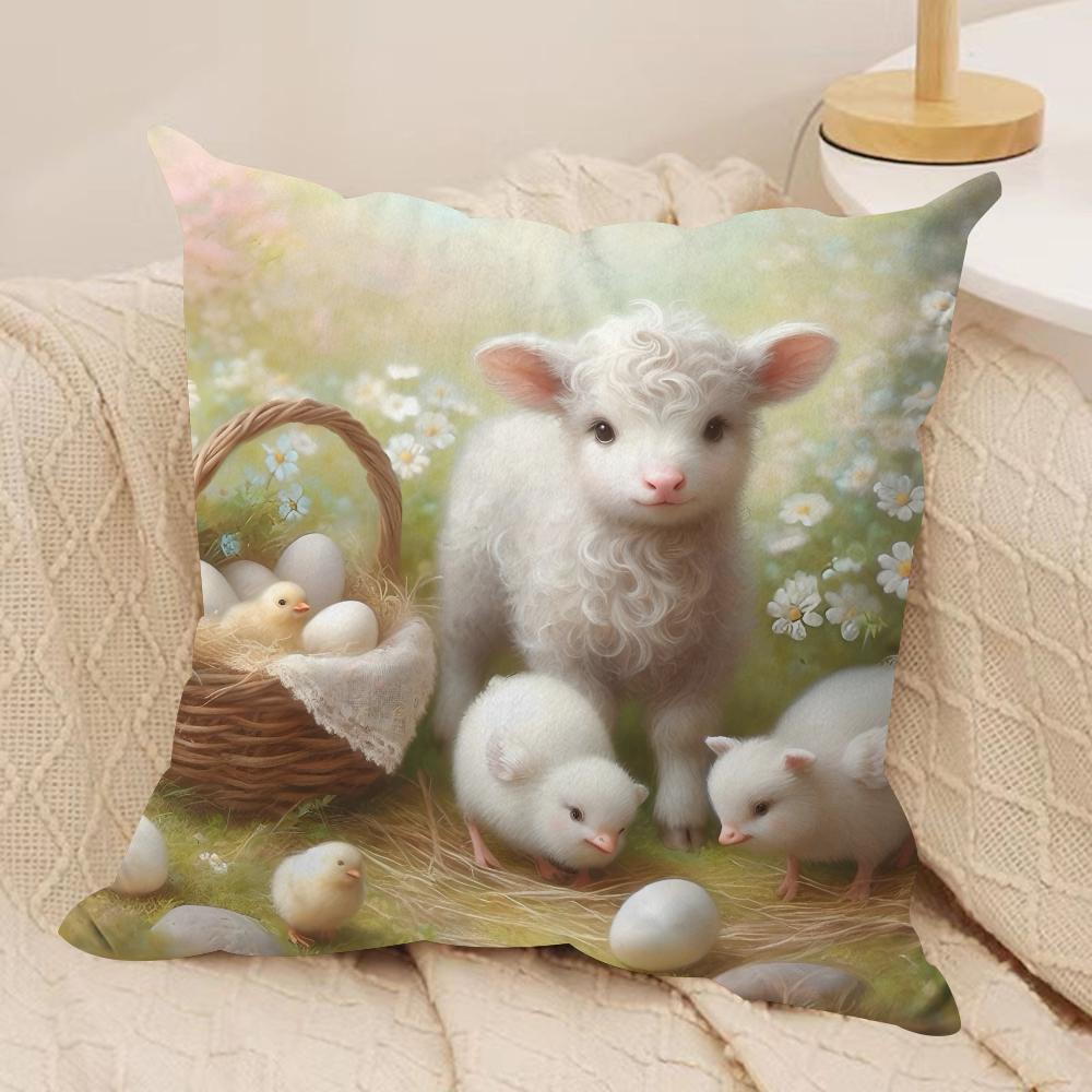 Little Lamb Easter Cushion Cover Silky Short Plush Invisible Zipper Dustproof Sofa Pillow Case For Home Decor